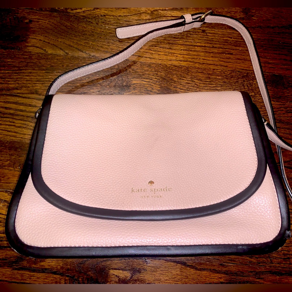 Kate Spade Medium Flap Crossbody Purse, Light Pink With Black Trim